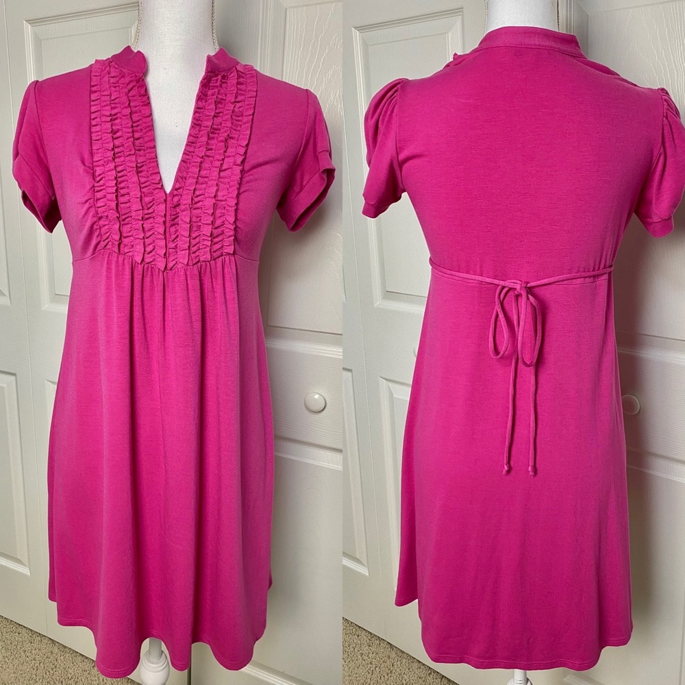 V-Neck Ruched Pink Sundress with cap sleeves